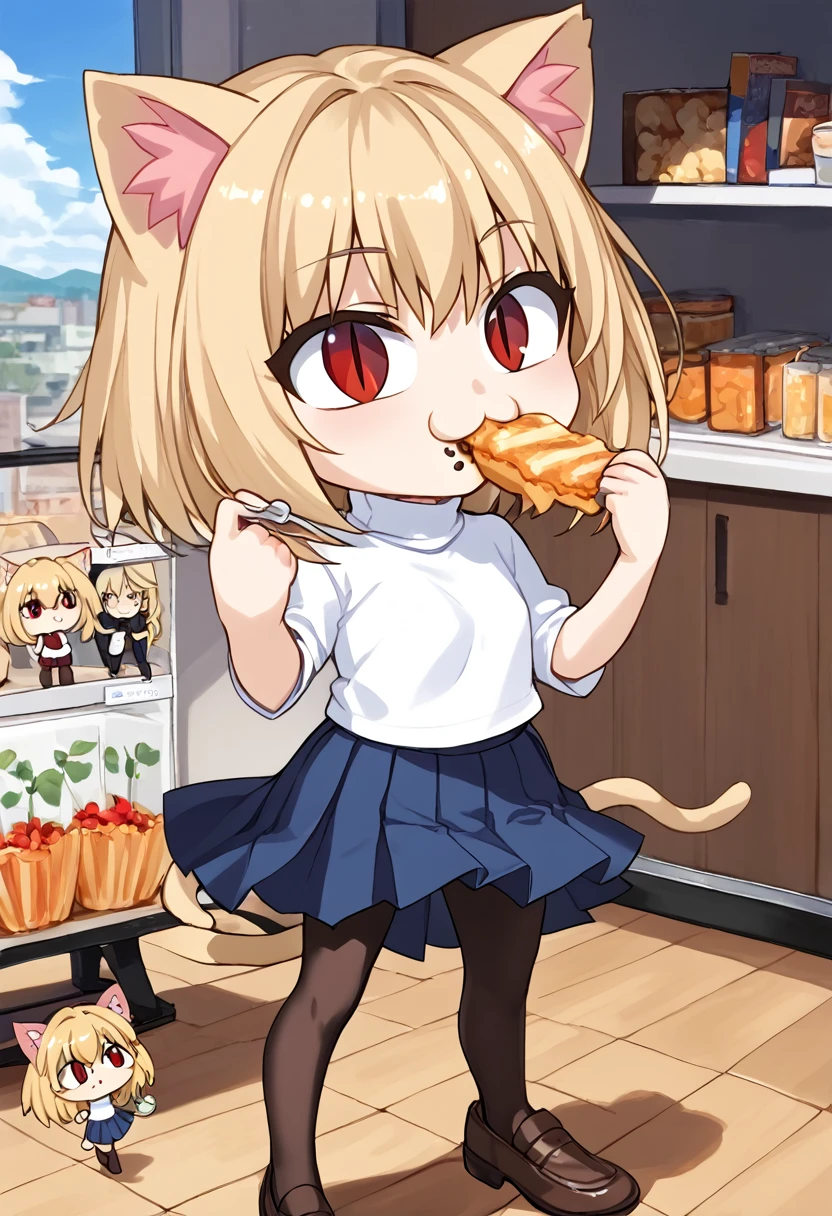 necoarc, slit pupils, cat ears, blonde hair, red eyes, chibi, :3, turtleneck, blue skirt, pleated skirt, pantyhose, brown footwear, (((eating a pair of colored socks)))