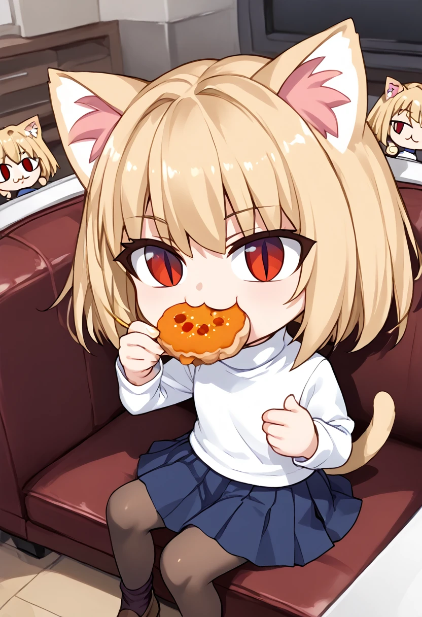 necoarc, slit pupils, cat ears, blonde hair, red eyes, chibi, :3, turtleneck, blue skirt, pleated skirt, pantyhose, brown footwear, (((eating a pair of colored socks)))