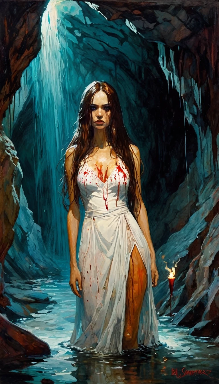 girl with long hair, very sexy, in a cave full of dirty water, water up to her waist, carrying a torch, wearing a tight white embroidered dress full of blood, tones horror, (art inspired by Bill Sienkiewicz). oil painting)