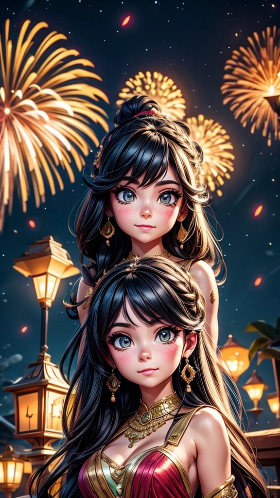 a young couple looking up at fireworks on tanabata night, detailed facial features, detailed clothing and skin textures, beautiful night sky, colorful fireworks exploding, warm lighting, cinematic composition, highly detailed, 8k, photorealistic, masterpiece