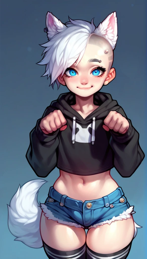 score_9_up, Expressiveh, smile, tomgirl, (with white hair, short punk hairstyle, (shy, cute face expression, has glowing blue eyes), (wolf ears, wolf tail), calm pose, (wearing denim short shorts and a cropped black hoodie), (curvy body), (wearing thigh high socks), solo, flat chest