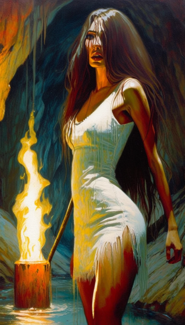 girl with long hair, very sexy, in a cave full of dirty water, water up to her waist, carrying a torch, wearing a tight white embroidered dress full of blood, tones horror, (art inspired by Bill Sienkiewicz). oil painting)