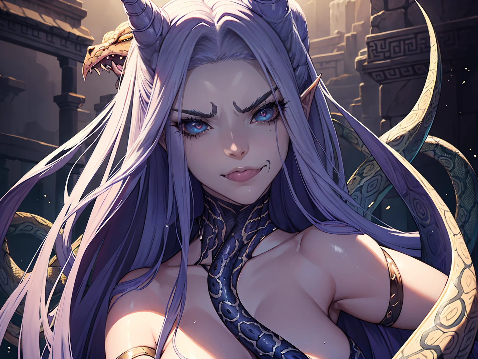 A hyper-realistic depiction of Medusa, the Gorgon from Greek mythology. She has a fierce and beautiful face, and when she smiles, her sharp fangs are visible. Her hair is composed of the heads of live snakes, and each snake has a realistic texture. A tongue protrudes from the serpent's mouth. Her skin is pale and black with intricate patterns that add to her menacing appearance. The background is dark and blurred, emphasizing her striking features. A close-up of her face and upper body focuses on her expression and the detail in the snake's fur.