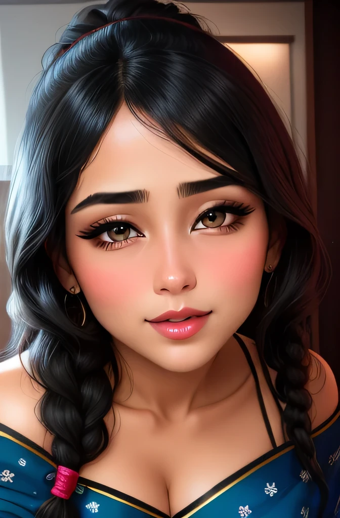 Amazing portrait of a sexy woman with her black hair tied in a braid and a beautiful fair toned face with amazing eyes and her perfect lips parted with blush on her cheeks with a flustered yet lustful expression on her face wearing a black blouse paired with a sheer floral blue saree in a bedroom at night time
