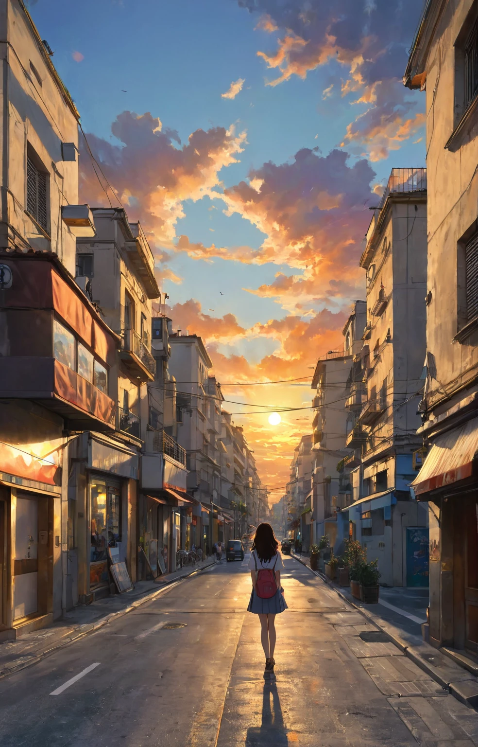 araffes looking at the sunset in a city street, with sunset, by Alexis Grimou, watching the sun set. anime, ((sunset)), in the sunset, sunset mood, with a sunset, at a beautiful sunset, girl watching sunset, looking at sunset, the most beautiful sunset, sunset time, by Matteo Pérez, sunset and big clouds behind her