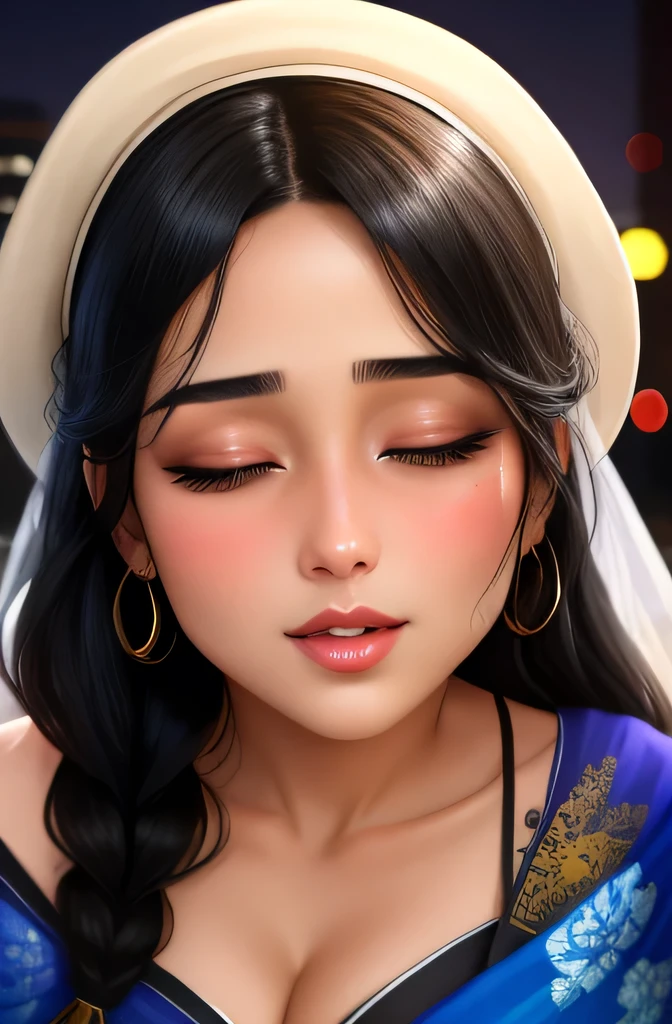 Amazing portrait of a sexy woman with her black hair tied in a braid and a beautiful fair toned face with amazing eyes and her perfect lips parted with blush on her cheeks with a flustered yet lustful expression on her face wearing a black blouse paired with a sheer floral blue saree in a bedroom at night time
