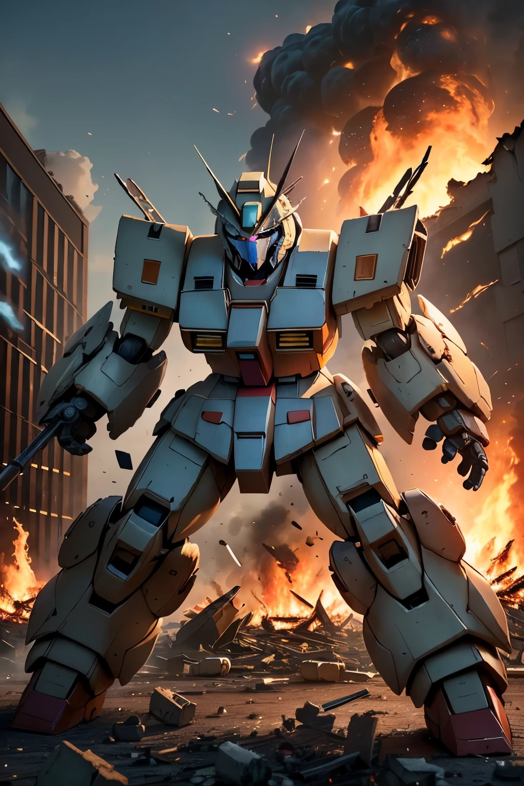 ((best quality)), ((masterpiece)), ((detailed shapes)), a very futuristic armoured robots(gundam), battle positions at chaos city(many explosion and fire broken buildings), looking to the camera, there is neon lights(realistics colored 3d), (4k quality).