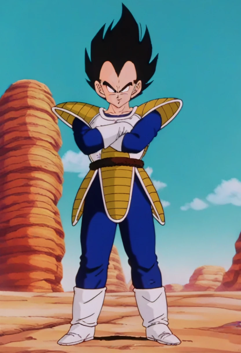 source_anime, score_9, score_8_up, score_7_up, anime screencap,8k, absurd res,
vegeta, solo, looking at viewer, smile, black hair, gloves, 1boy, standing, tail, full body, male focus, boots, wind lift, outdoors, sky, day, white gloves, armor, black eyes, crossed arms, white footwear, spiked hair, monkey tail, saiyan armor, v-shaped eyebrows, plate shielding, tail belt, blue bodysuit, 1990s \(style\), retro artstyle,(((ultra realistic))),(((epicrealism))).
 