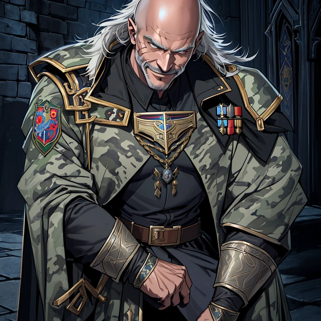 masutepiece, Best Quality, realistic, Highly detailed, epic exquisite character art, A Man, (((Solo))), (muscular guy, Middle Age, 50 years old, Realistic, Juncao, , Bald, shaved hair, Black short mustache), (Paladin Knight of Arab aesthetics, Wearing a military uniform with a camouflage pattern, Patterned fabrics and capes, With the coat of arms of a heron), shadowverse style,Castlevania: Lord of Shadows,Evil Bald Muscular Warrior,full body,Evil smile,Camouflage military uniform,old man,furious evil smile,