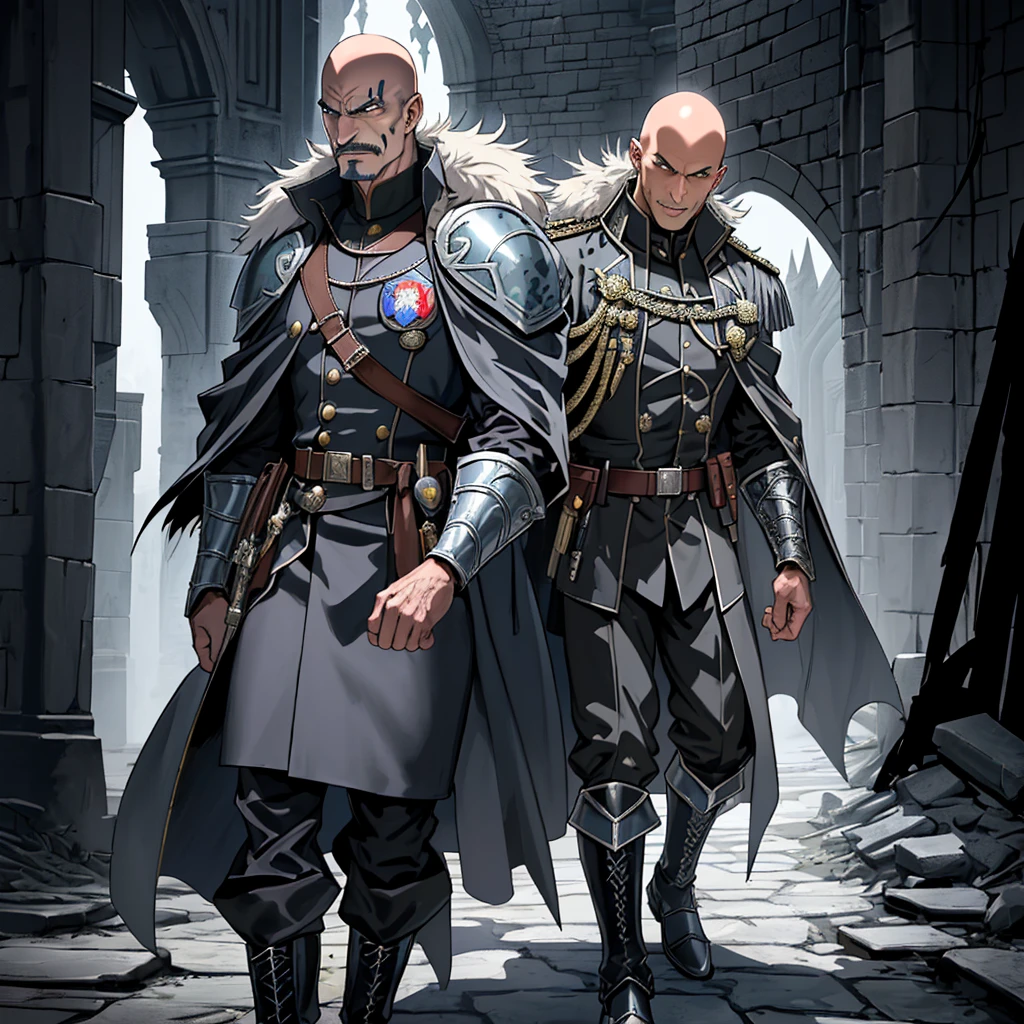 masutepiece, Best Quality, realistic, Highly detailed, epic exquisite character art, A Man, (((Solo))), (muscular guy, Middle Age, 50 years old, Realistic, Juncao, , Bald, shaved hair, Black short mustache), (Paladin Knight of Arab aesthetics, Wearing a military uniform with a camouflage pattern, Patterned fabrics and capes, With the coat of arms of a heron), shadowverse style,Castlevania: Lord of Shadows,Evil Bald Muscular Warrior,full body,Evil smile,Camouflage military uniform,old man,furious evil smile,