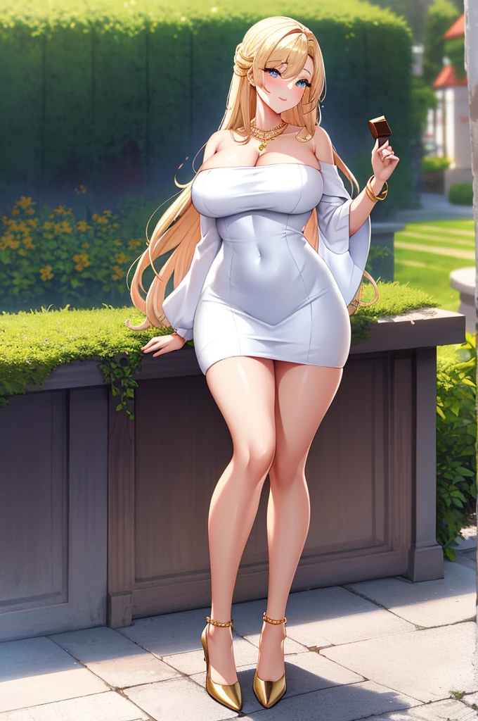 An extremely beautiful stunning woman with a perfect body, gold blonde long silky hair, big blue eyes, extremely super bright snow white fair stunning flawless glowing lush shiny flawless white skin, a perfect tight hourglass figure, and a skinny waist, sexy ck smooth luscious legs, and thighs, extremely cute smile on the face, bright pink blushes on cheeks, wearing a tight knee-length white floral dress, pink off-shoulder sweater, yellow heels, gold necklace on the neck, gold anklets on feet, gold chain on the waist, standing straight, holding a chocolate bar, garden in the background, show full body from head to feet.