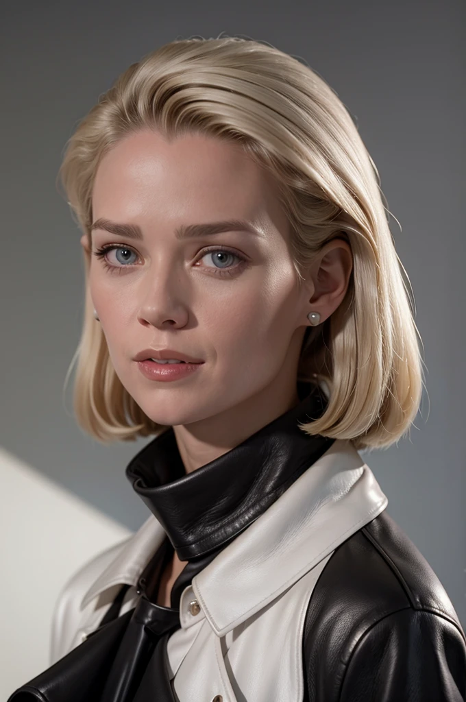 photo of a beautiful woman, (black leather coat white silk shirt:1.2), short hair, blonde hair, detailed face, detailed eyes, upper body focus, mouth closed, smile, looking at viewer, (simple background:1.2),  