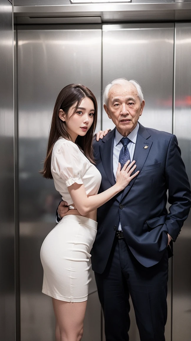 2boys, oldman, Photo of a young asian woman (sandwiched between two old guys), 1girl wearing crop business suit, thigh skirt , threesome, in a crowded elevator, detailed character design (masterpiece, photorealistic:1.2), high quality, intricate details, highly detailed background, 8k