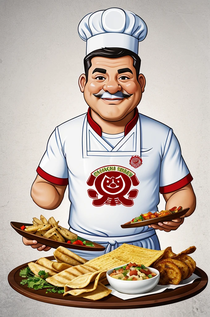 Logo based on the image of an attractive pig dressed as a chef with the colors of Peru, holding a silver tray served with chicharrón de chancho and Peruvian tamales, with white background, caricature style, for a pork and chicharronería restaurant