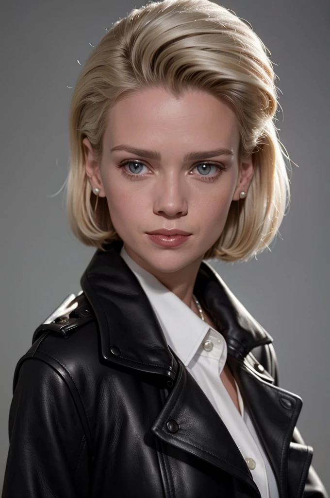 photo of a beautiful woman, (black leather coat white silk shirt:1.2), short hair, blonde hair, detailed face, detailed eyes, upper body focus, mouth closed, smile, looking at viewer, (simple background:1.2),  