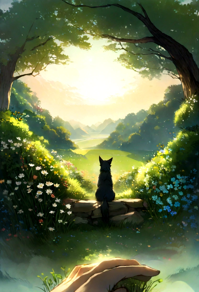 (light morning fog in the distance):1.2335, (POV:1.4), First-person view from a high cliff, a large black and gray wolf looks down, a spring meadow with the first spring flowers and young green grass stretches in front of him, the first spring insects circle over the flowers, trees and shrubs grow on the edge of the clearing, spring flowers on the trees, green buds swell in the bushes, early vesta, morning, the sun is just beginning to rise on the distant horizon, coloring the sky pinkish, Spring Morning, Beautiful Spring Morning, palette of early spring morning, (masterpiece:1.305), (high resolution:1.305), 32k, (digital art:1.1), texture smoothing