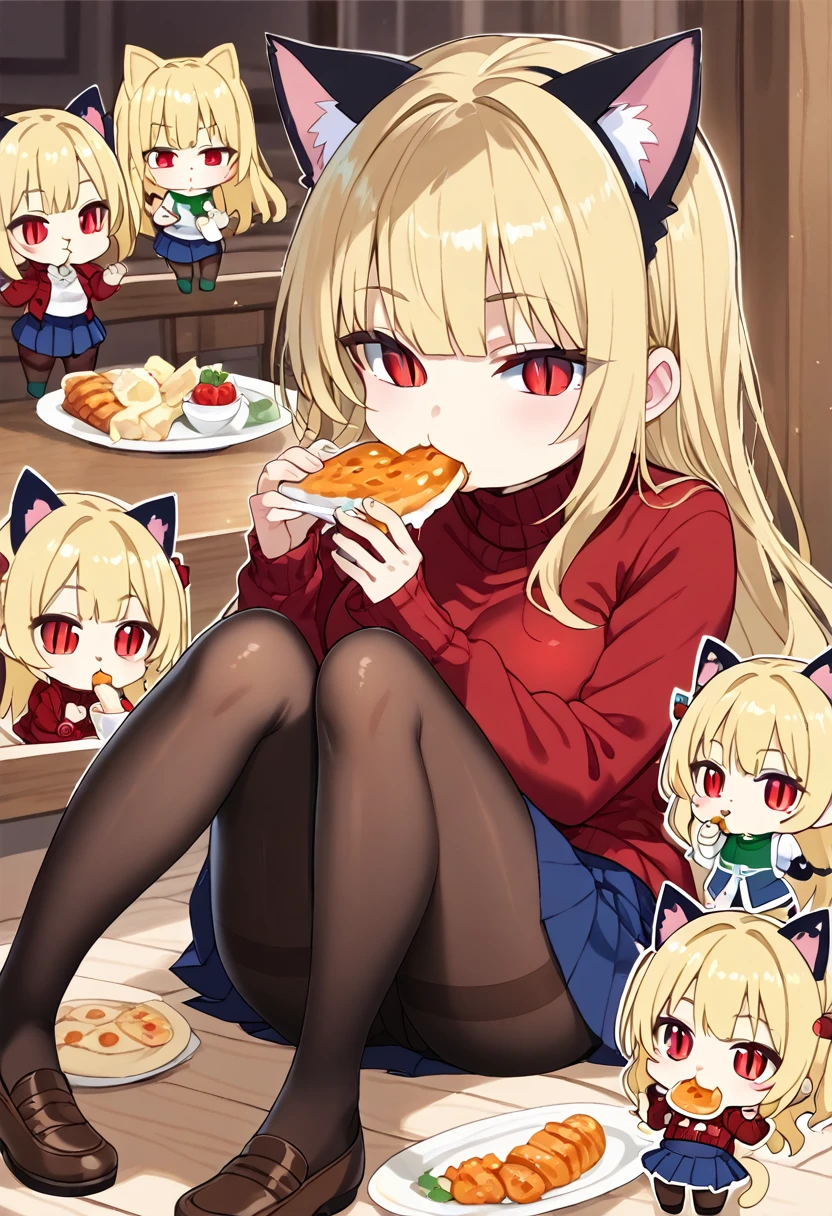necoarc, slit pupils, cat ears, blonde hair, red eyes, chibi, :3, turtleneck, blue skirt, pleated skirt, pantyhose, brown footwear, (((eating a pair of colored socks)))