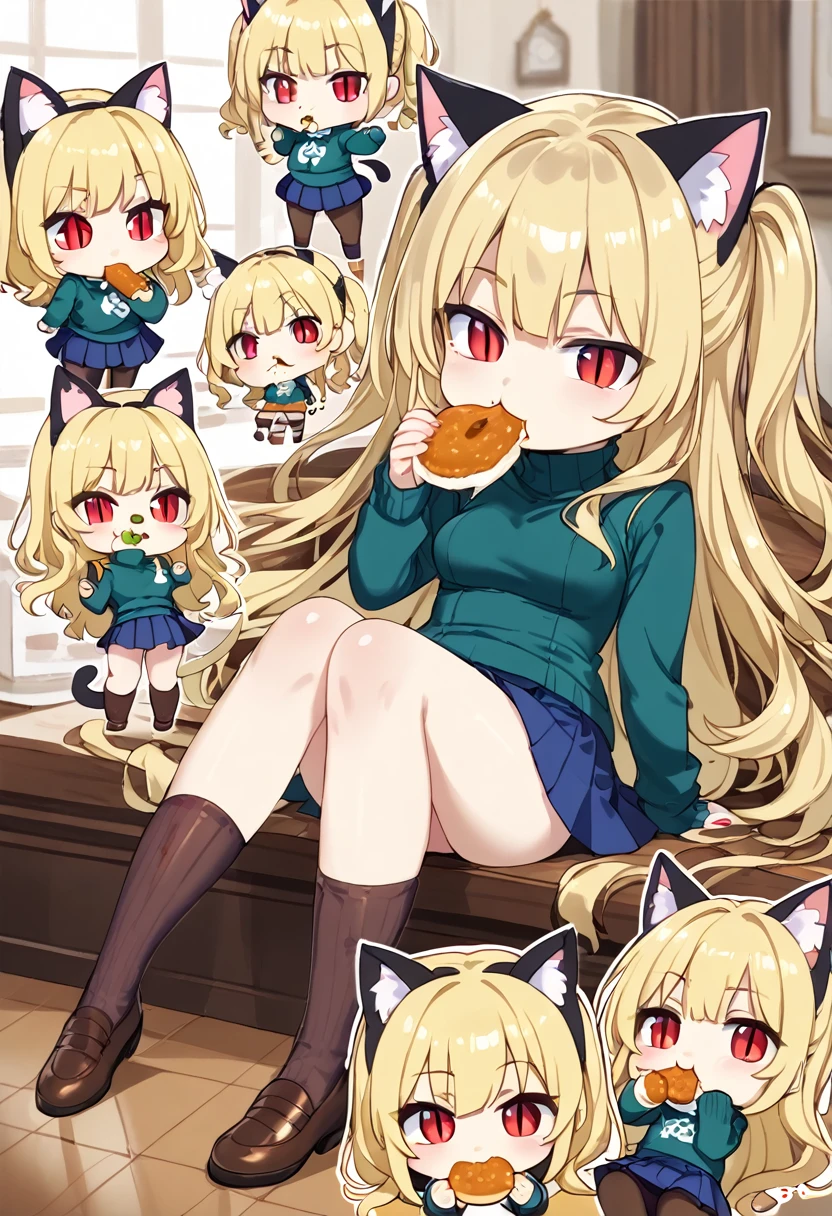 necoarc, slit pupils, cat ears, blonde hair, red eyes, chibi, :3, turtleneck, blue skirt, pleated skirt, pantyhose, brown footwear, (((eating a pair of colored socks)))