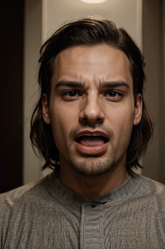 Serious man with an expression of pleasure with his mouth open
