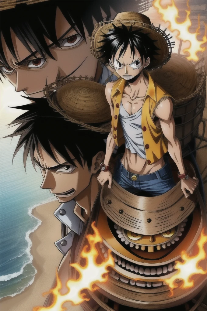 \(One_Piece\), sketchfab, Estilo de arte de anime, estilo de arte de Eiichiro Oda, sozinho, sozinho, 1st grade, 1menino, 1homem, olhos castanhos claros, cabelo longo grande, roupa completa, t-shirt G, long jeans, logpose, botas pretas, cabelo negro, sorrir, atletic_Corpo, pele parda, scars on the arms, cabelo volumoso longo, cabelo arrepiado, Luvas, cinto, olhos relaxados, body to the waist, (boa qualidade), (bem detalhado),