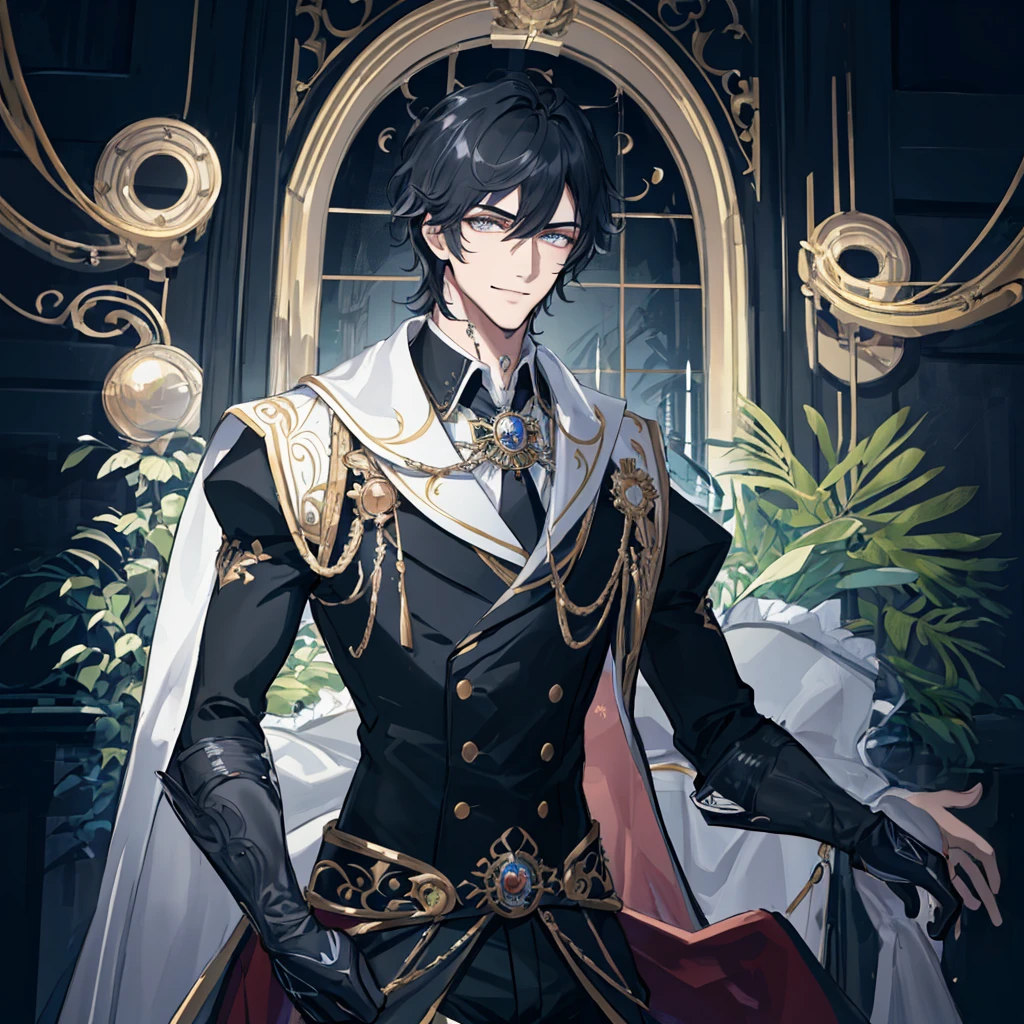 (best quality),(masterpiece:1.1),(extremely detailed CG unity 8k wallpaper:1.1),(colorful:0.9),(mid shot:0.95),(highly detailed beautiful face and eyes),1 male, adult, handsome, tall muscular guy, broad shoulders, finely detailed eyes and detailed face, extremely detailed CG unity 8k wallpaper, intricate details, medium black hair,white background, nobleman, aristocratic, elegant, neat, graceful, scenery, evil smile,full body,