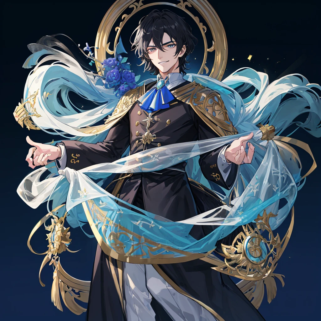 (best quality),(masterpiece:1.1),(extremely detailed CG unity 8k wallpaper:1.1),(colorful:0.9),(mid shot:0.95),(highly detailed beautiful face and eyes),1 male, adult, handsome, tall muscular guy, broad shoulders, finely detailed eyes and detailed face, extremely detailed CG unity 8k wallpaper, intricate details, medium black hair,white background, nobleman, aristocratic, elegant, neat, graceful, scenery, evil smile,full body,