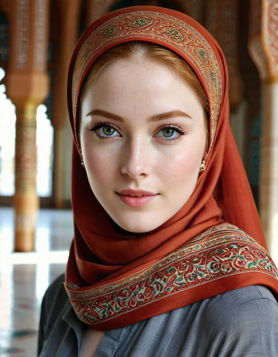 photography full body portrait of very beautiful realistic girl, inside Mosque, porcelain skin, very fair skin, very pale skin, redhead, wavy, ponytail, very detail skin texture, hazel eyes, slanted eyes, small nose, small nostril, think curved eyebrow, thick bottom lip, seductive gaze, happy face, unique face, wear a headscarf hijab, detail photo, realistic photo, master piece picture, sharp picture, outdoor clear daylight, pray god