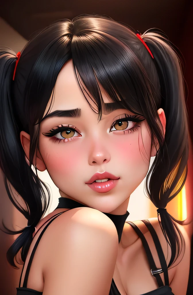 Amazing portrait of a sexy woman with her black hair tied in two pigtails and a beautiful fair-toned face with amazing eyes and her perfect lips parted with blush on her cheeks with a flustered yet lustful expression on her face wearing a red crop top and a black short skirt with black fishnet stockings in a bedroom at night time