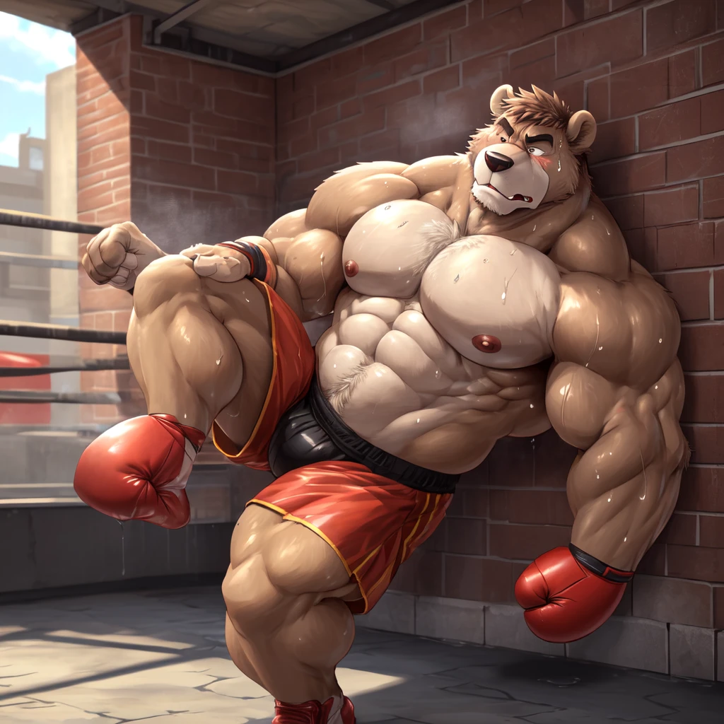((solo)), (anthro:1.2) bear (lora; little john), adult, (athletic:1.4), (dense muscles), (super strong:1.4), (correct anatomy:1.2), (broad shoulders:1.2), (heavy build, massive body:1.6), (realistic fur, detailed brown fur texture:1.3), detailed background (corner of the kickboxing ring:1.6), photorealistic, (black compression shorts), (bare torso:1.4), (foowear:1.2), (detailed clothing), hyperrealistic, ultradetailed, (by wfa:1.2), (by takemoto_arashi, by vorusuarts, by Traver009:1, by grimfaust:1), natural lighting, (wet. sweat:1.4), exhausted, ursine head (open eyes, brown mane), (steaming breath:1.2), ((serious:1.4) expression), (kicking:1.6), (view from right:1.4)
