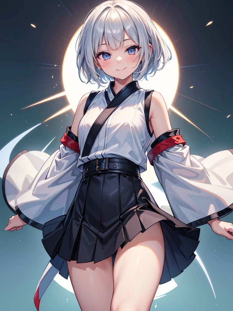 best quality, ultra-high definition, masterpiece, extremely detailed CG unity 8k wallpaper, black short bob cut hair, miko white clothes, {{{{{{{black mini skirt}}}}}}, {{{blue leggings}}}, ((((smile)))), ((((closed mouth)))).
