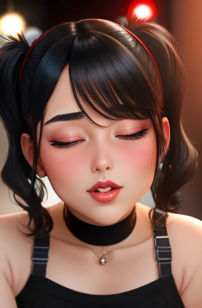 Amazing portrait of a sexy woman with her black hair tied in two pigtails and a beautiful fair-toned face with amazing eyes and her perfect lips parted with blush on her cheeks with a flustered yet lustful expression on her face wearing a red crop top and a black short skirt with black fishnet stockings in a bedroom at night time