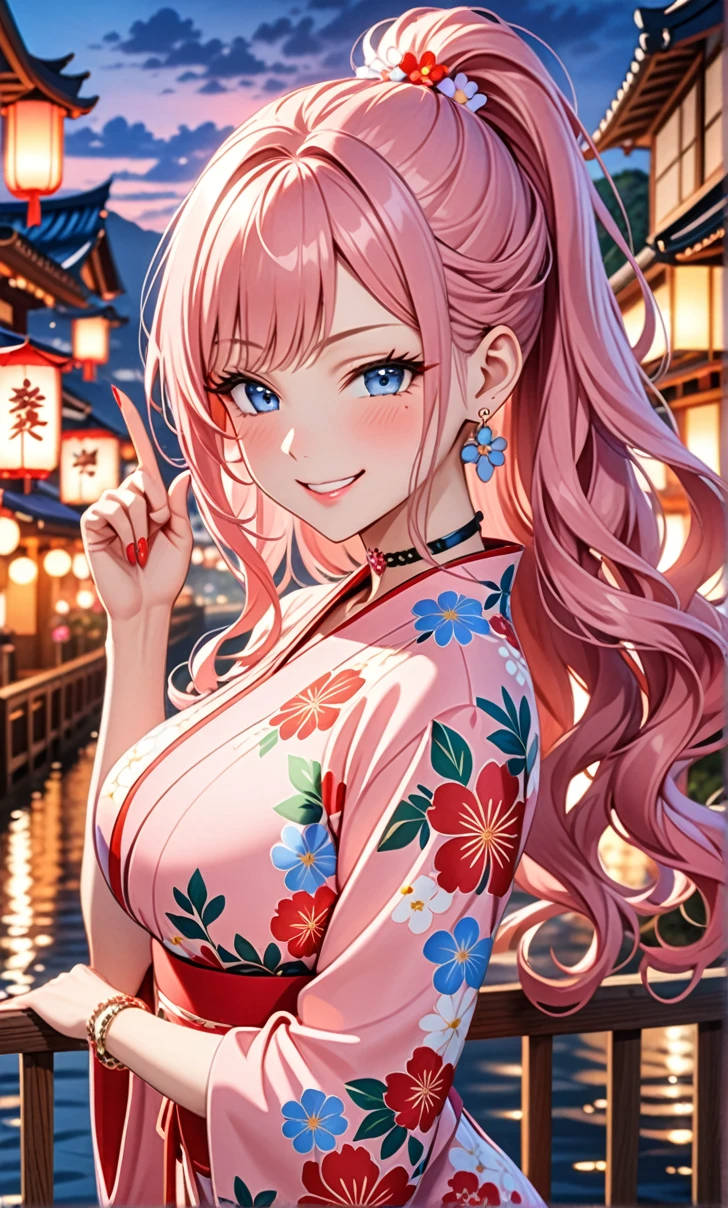 ultra-detailed, ((one girl)), in pastel colors girl, hyper detailed, absurdres, 8K, Beautiful Face, (Laugh shyly), ((teasing smile:1.8)), ((Wink:2.3)), (Laugh with your mouth wide open),(Tilt your head:1.3), ((put index finger on mouth:1.6)), View your viewers, ((Bright red cheeks:1.6)),Glossy Red Lips, ((Big Breasts:1.5)), (valley),night, Riverside,On Bridge, firework, (Brighten your face), ((Anime style background)),masterpiece, Highest quality, so beautiful,Latest, Complex details, (Pink long nails), (nail art), (ring),(bracelet), (Floral Choker),AI-generated, Complex,High resolution, Highest quality, super high quality,3D Images、3D Images,One person,Pastel pink long hair,(High Ponytail), (wavy hair:1.3), Pastel anime woman posing for a photo, ((Fine grain、blue eyes、glowing eyes:1.4)), (Squint your eyes:1.1),a hyperRealistic , hyperRealistic , Realistic,Anime woman with long pastel pink hair, Smooth anime CG art, A girl in a gorgeous pastel-colored kimono, ((Pastel-colored furisode)),(Pink large floral pattern) ,Long flower hair ornament,Floral Earrings,Mature Body, tall,Abdominal muscles,Tight waist,((arched back:1.9)), (front view),