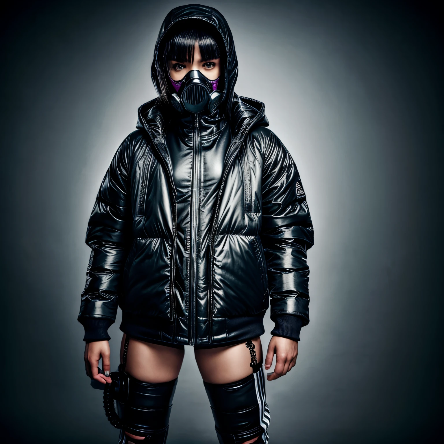 Ultra wide photo(1punk girl with gasmask)with adidas coat and hood