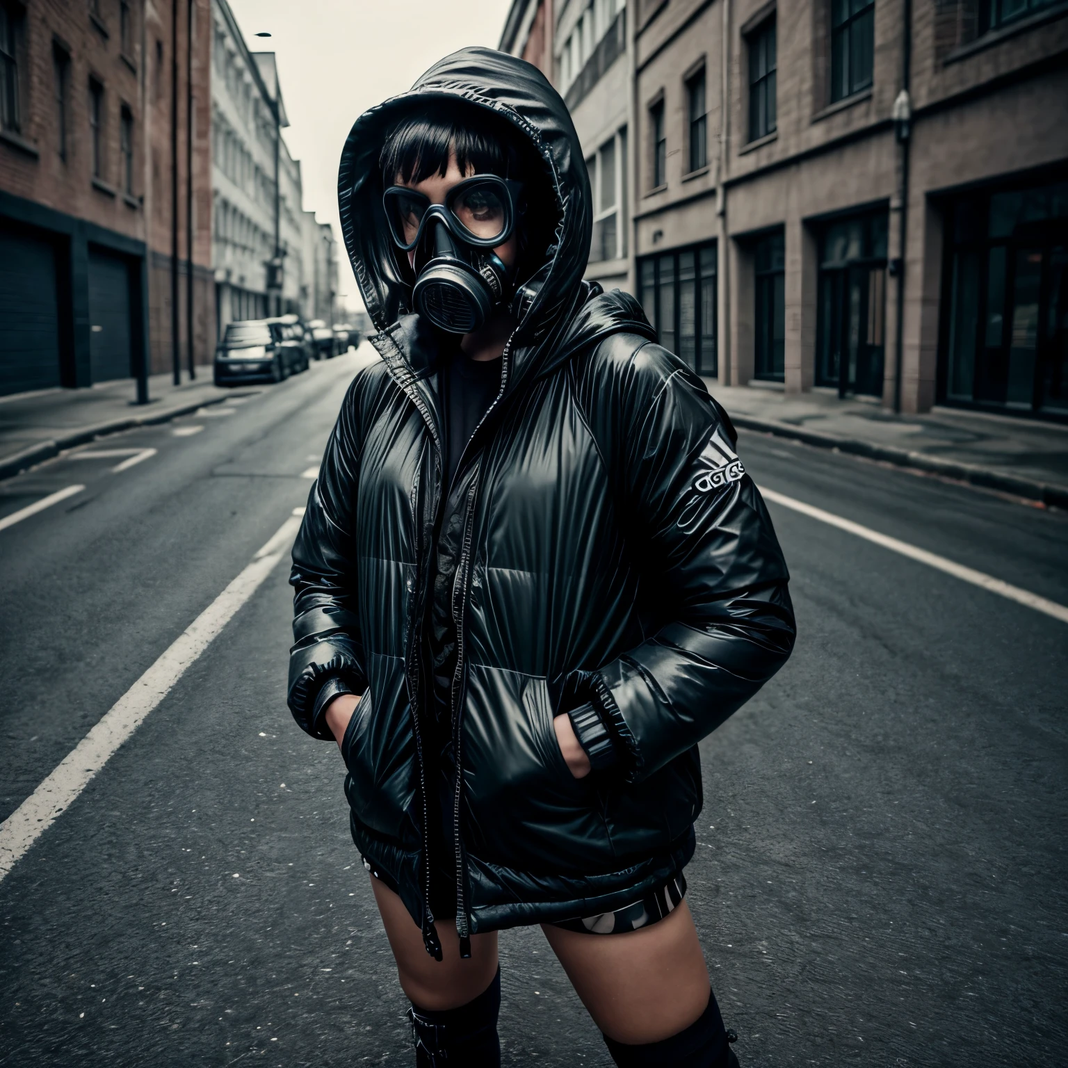 Ultra wide photo(1punk girl with gasmask)with adidas coat and hood