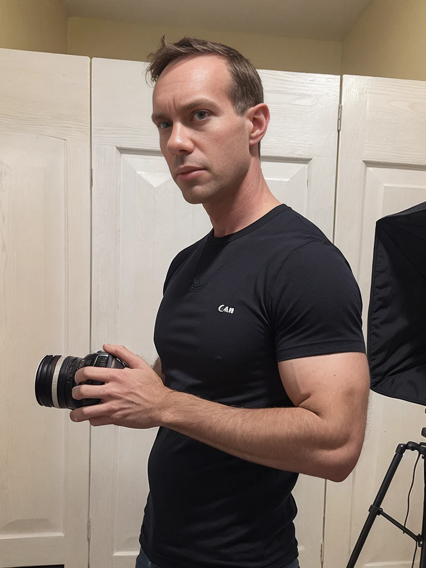 man, very short hair, ultra realistic, meticulously detailed, portrait short hair and black shirt, looking to side, side profile of face, wide angle view ((man holding canon DSLR camera with large lens)) standing in a photo studio, holding professional camera, large professional studio background with softboxes and camera equipment