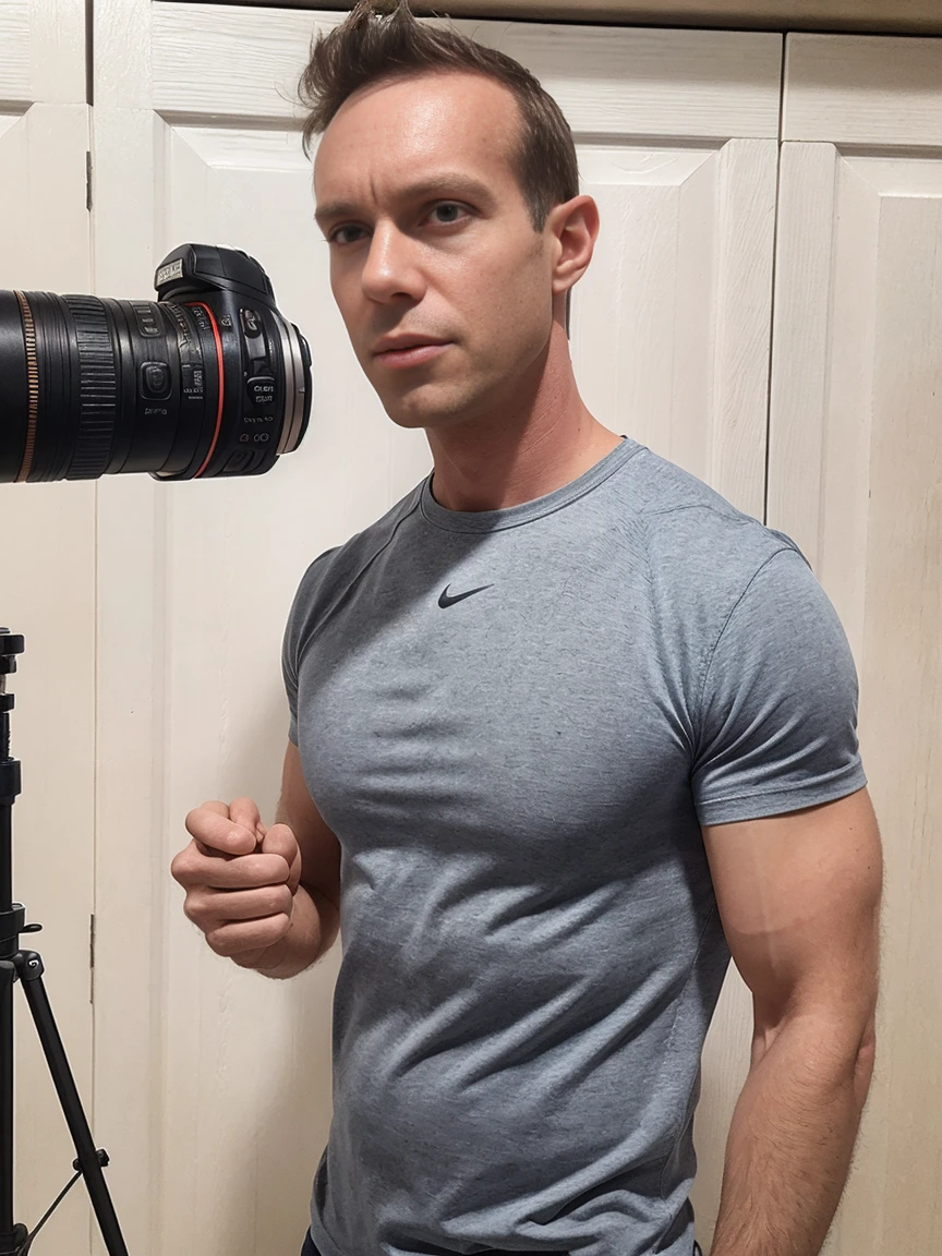 man, very short hair, ultra realistic, meticulously detailed, portrait short hair and black shirt, looking to side, side profile of face, wide angle view ((man holding canon DSLR camera with large lens)) standing in a photo studio, holding professional camera, large professional studio background with softboxes and camera equipment