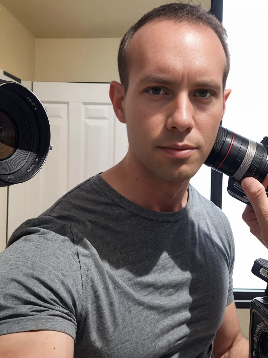 man, very short hair, ultra realistic, meticulously detailed, portrait short hair and black shirt, looking to side, side profile of face, wide angle view ((man holding canon DSLR camera with large lens)) standing in a photo studio, holding professional camera, large professional studio background with softboxes and camera equipment