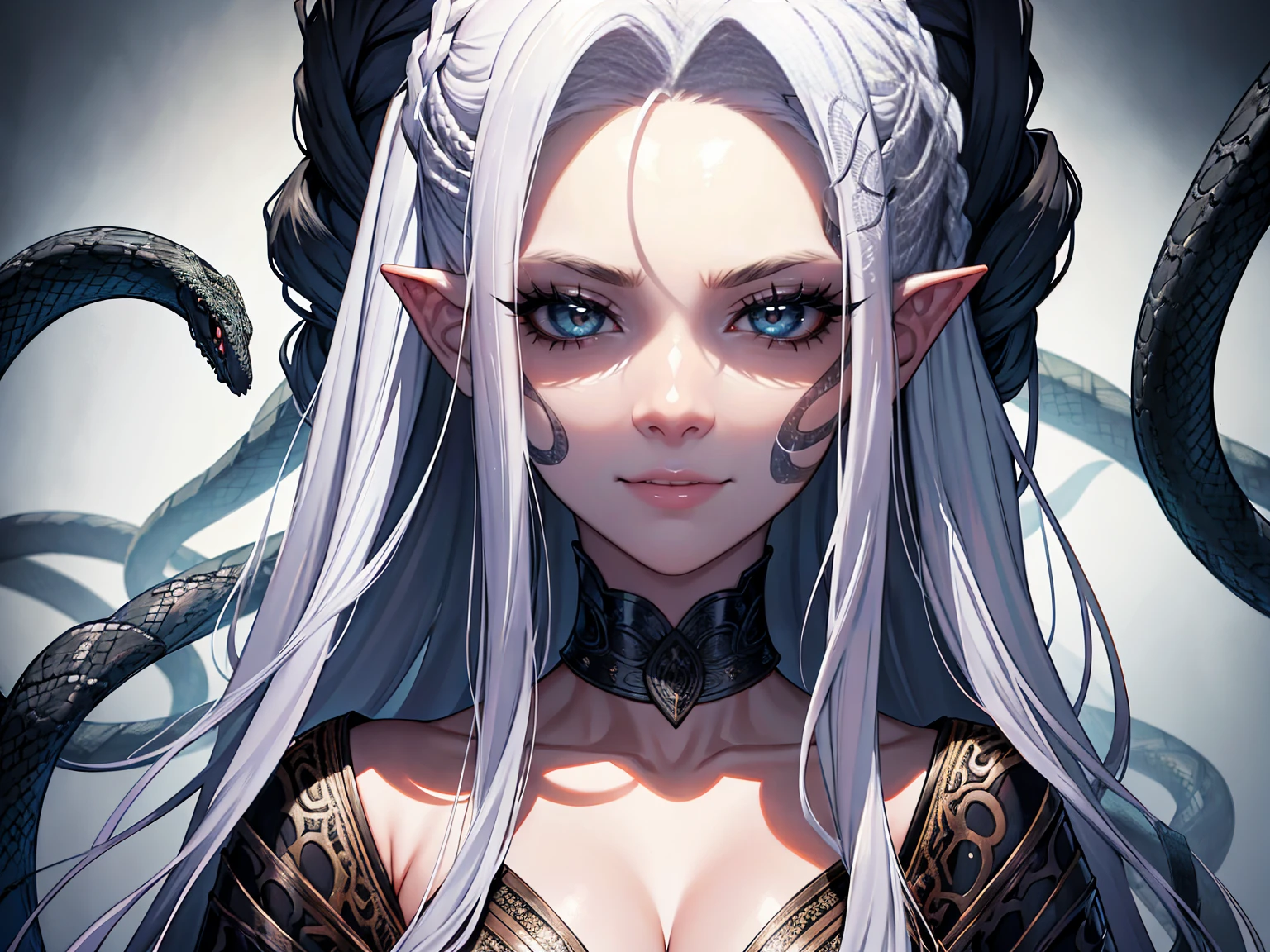 A hyper-realistic depiction of Medusa, the Gorgon from Greek mythology. She smiles with a fierce and beautiful face. Her hair is composed of the heads of live snakes, and each snake has a realistic texture. Her skin is white with intricate black patterns that add to her menacing appearance. The background is dark and blurred, emphasizing her striking features. A close-up of her face and upper body focuses on her expression and the detail in the snake's fur.