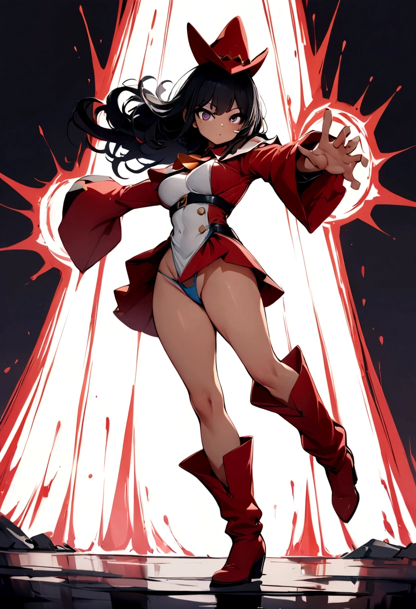 ((best quality)), ((masterpiece)), (detailed), 1girl, detailed eyes, full body, long black hair, full body, skimpy red mage clothes, light skin, blank grey background, mage attack pose