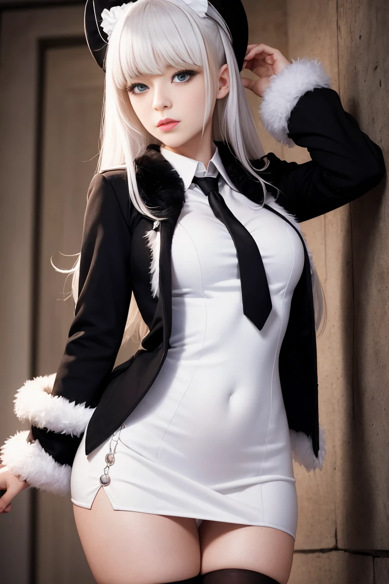 realistically, A high resolution, 1 Women, Alone, butt lift,(Lolita costume)， pretty eyes, White hair, eye socket, collared shir, black necktie, pinkskirt, pencil skirts, Fur coat