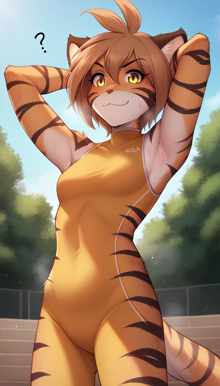 score_9, score_8_up, score_7_up, score_6_up, score_5_up, score_4_up, rating_safe, source_furry, a female anthro fluffy, 1girl, solo, female, furry, anthro, fluffy tail, small breasts, tiger, striped fur, yellow eyes, anthro, confused smile, light (blush:1.05), (sweat, sweaty, steam:1.2), (bottom view:1.1), park background, flora-twokinds, standing, looking at viewer, (shy:1.2),  hands behind head, personalamistyle, (sport suit:1.15), after workout, sport bottle