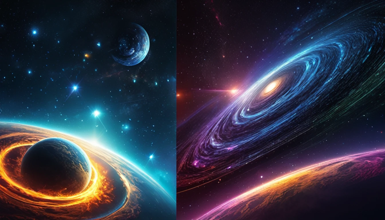 Hyper-realistic cinematic photographic patterns, lighting and ultra-detailed image. I will send a text and in this text you must analyze and suggest images to illustrate and create prompts for generating these suggested images. To create these images you must follow some parameters listed below: Transformation of chaos into an ordered cosmos, transition from chaotic elements to a structured universe , dark colors on the left and vibrant colors on the right, a feeling of organization and divine creation. widescreen format image with 4K resolution.