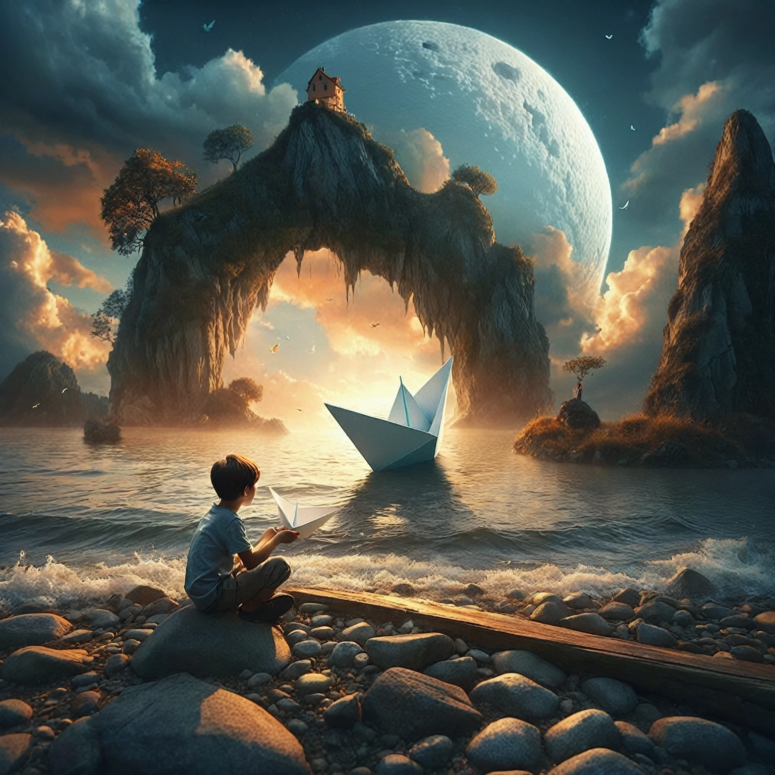 there is a young boy sitting on the ground with a paper boat, photo manipulation, inspired by Cyril Rolando, amazing composition, photo - manipulation, cyril rolando and goro fujita, surrealistic artwork, dreamlike surrealism, professional photoshop artwork, surreal style, photomanipulation, photoshop art, photobashing, awesome composition, surreal art, surreal photo