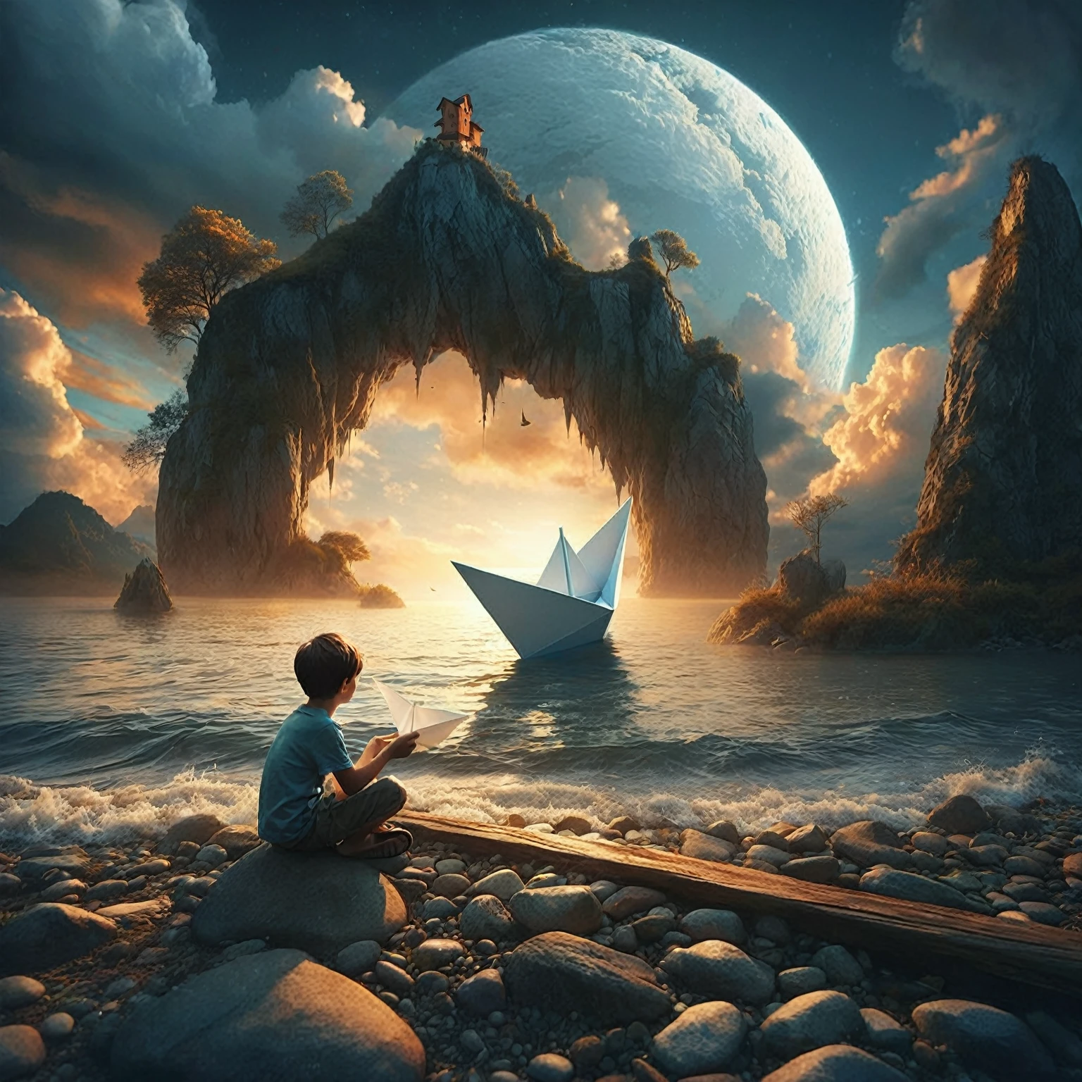there is a young boy sitting on the ground with a paper boat, photo manipulation, inspired by Cyril Rolando, amazing composition, photo - manipulation, cyril rolando and goro fujita, surrealistic artwork, dreamlike surrealism, professional photoshop artwork, surreal style, photomanipulation, photoshop art, photobashing, awesome composition, surreal art, surreal photo