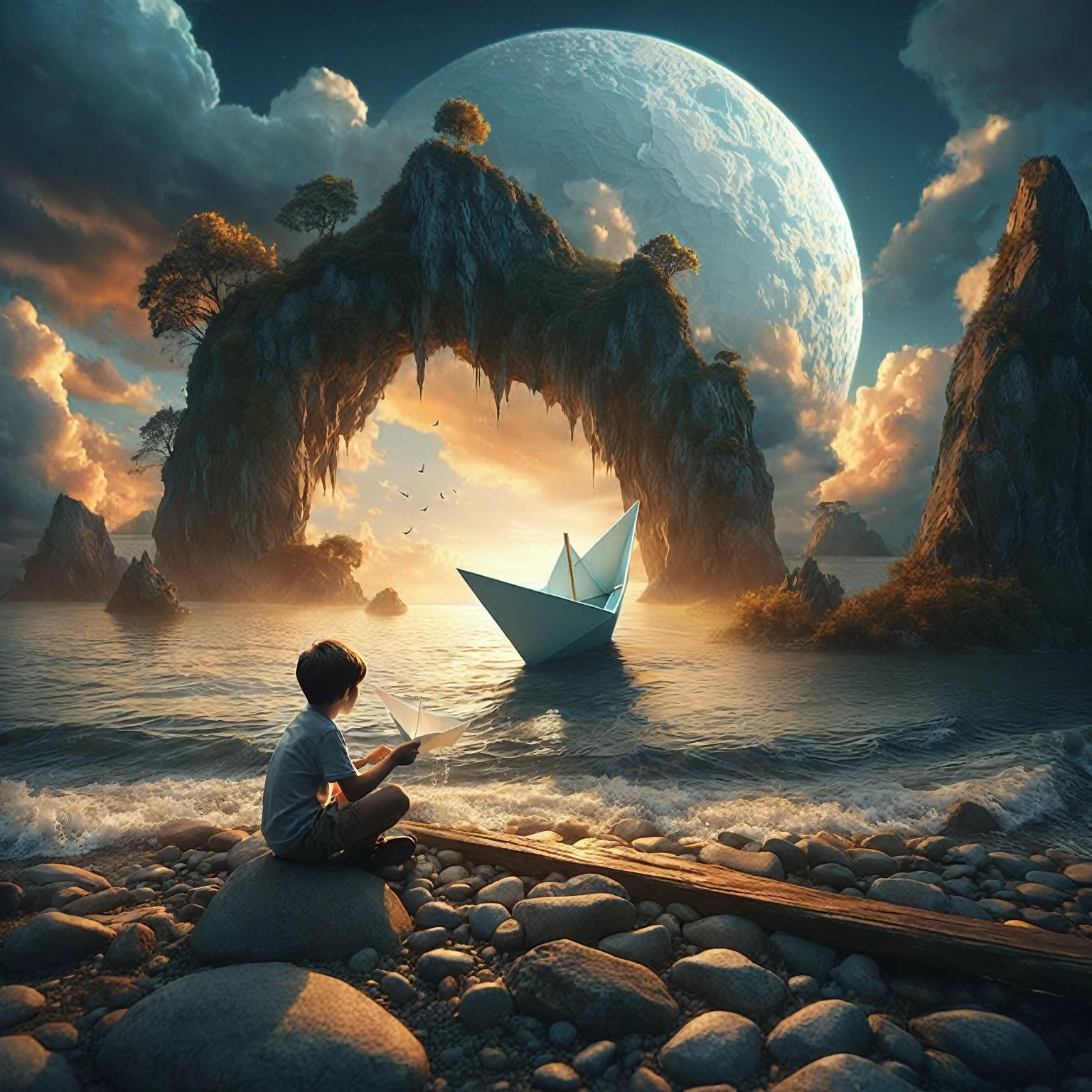 there is a young boy sitting on the ground with a paper boat, photo manipulation, inspired by Cyril Rolando, amazing composition, photo - manipulation, cyril rolando and goro fujita, surrealistic artwork, dreamlike surrealism, professional photoshop artwork, surreal style, photomanipulation, photoshop art, photobashing, awesome composition, surreal art, surreal photo