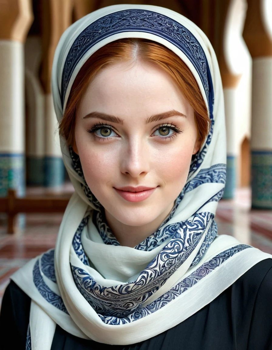 photography full body portrait of very beautiful realistic girl, inside Mosque, porcelain skin, very fair skin, very pale skin, redhead, wavy, ponytail, very detail skin texture, hazel eyes, slanted eyes, small nose, small nostril, think curved eyebrow, thick bottom lip, seductive gaze, happy face, unique face, wear a headscarf hijab, detail photo, realistic photo, master piece picture, sharp picture, outdoor clear daylight, Overhead shot