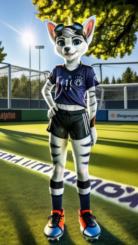 Rivet, tail, furry girl, 1girl, solo, young, (((Germany soccer shorts))), (((Germany soccer shirt))), (((Germany soccer shoes))), standing inside city park, detailed body fur, detailed body, detailed eyes, detailed face, athletic, skinny, high quality, masterpiece, small breasts, goggles, :D, looking at you, full body, ((good lighting on crotch)), (aroused), (horny), (bedroom eyes), ((vaginal juice dripping from crotch)), (((sex with a male canine furry))), ((vaginal penetration)), ((canine penis))