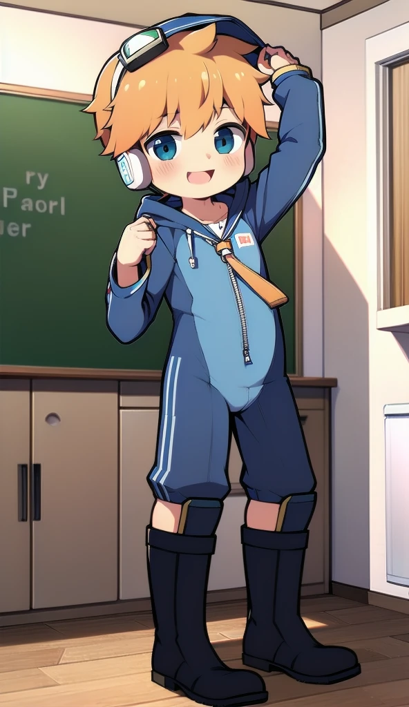 2D Boy Shota,One-piece mountaineering suit,Slim, healthy body,Put the headphones on your head,stand up,goggles,Rabbit ears,happy,Sailor collar,tie,Zipper pulled down,boots,hood,classroom,Raise your hands