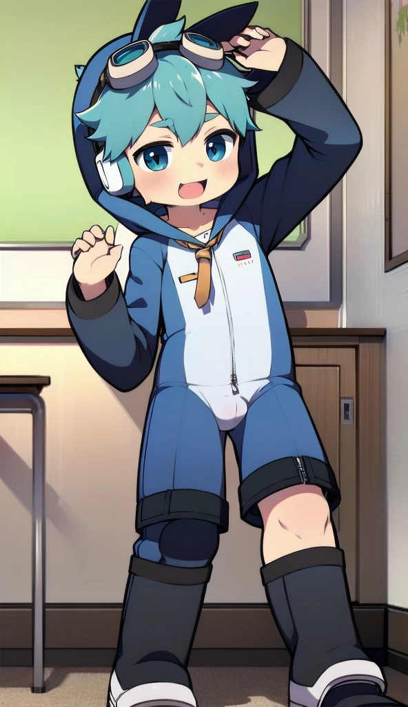 2D Boy Shota,One-piece mountaineering suit,Slim, healthy body,Put the headphones on your head,stand up,goggles,Rabbit ears,happy,Sailor collar,tie,Zipper pulled down,boots,hood,classroom,Raise your hands