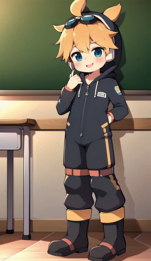 2D Boy Shota,One-piece mountaineering suit,Slim, healthy body,Put the headphones on your head,stand up,goggles,Rabbit ears,happy,Sailor collar,tie,Zipper pulled down,boots,hood,classroom,Raise your hands